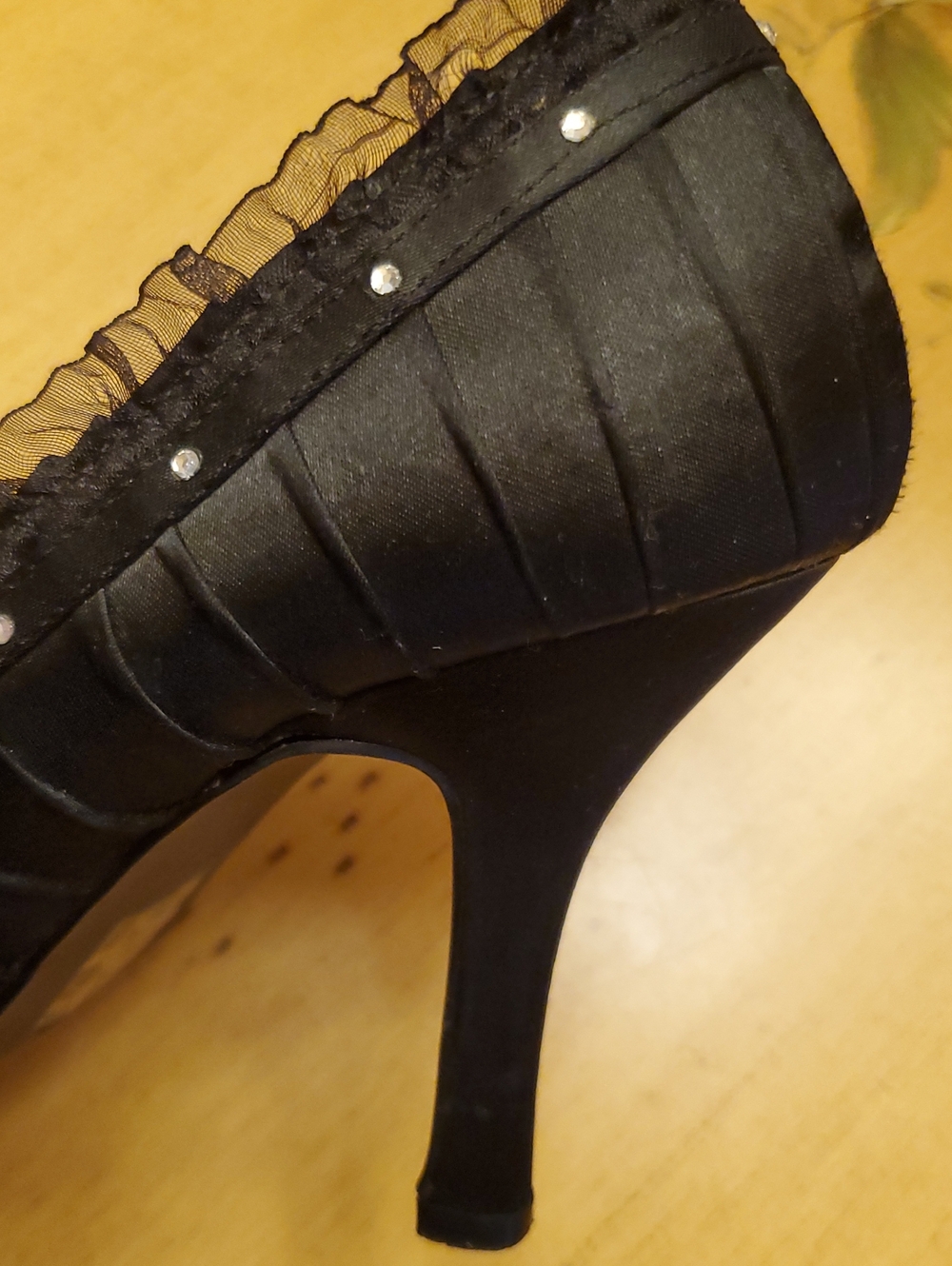 Pulse Black Satin Ruffle Bow Heels with Rhinestone Trim - Picture 5 of 6